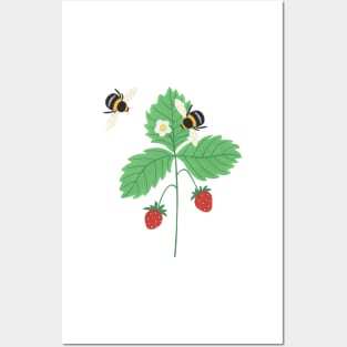 Strawberry plant with bees Posters and Art